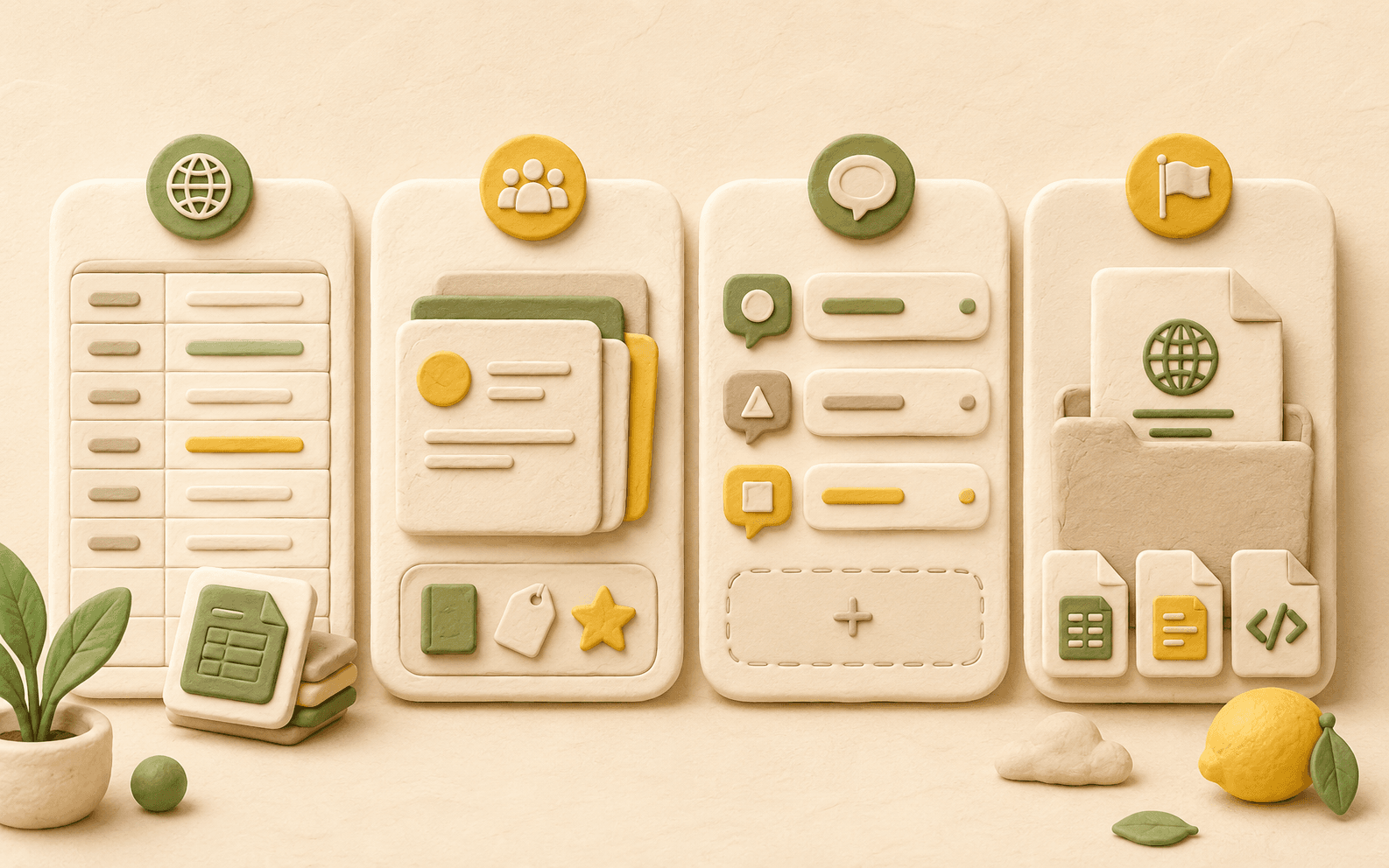 Clay-style illustration of localization file cards arranged as a comparison layout across different tool workflows.