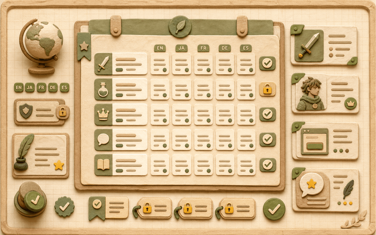 Clay-style illustration of a game localization glossary board with language columns, review checks, and terminology notes.